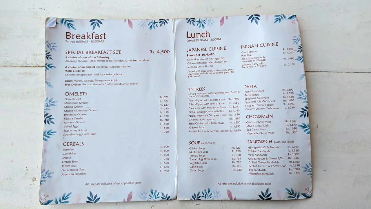 Hotel Everest View Breakfast Menu