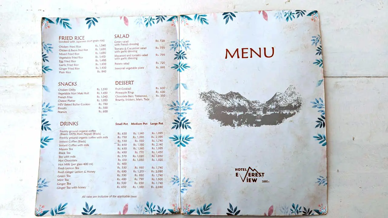 Hotel Everest View Food Menu