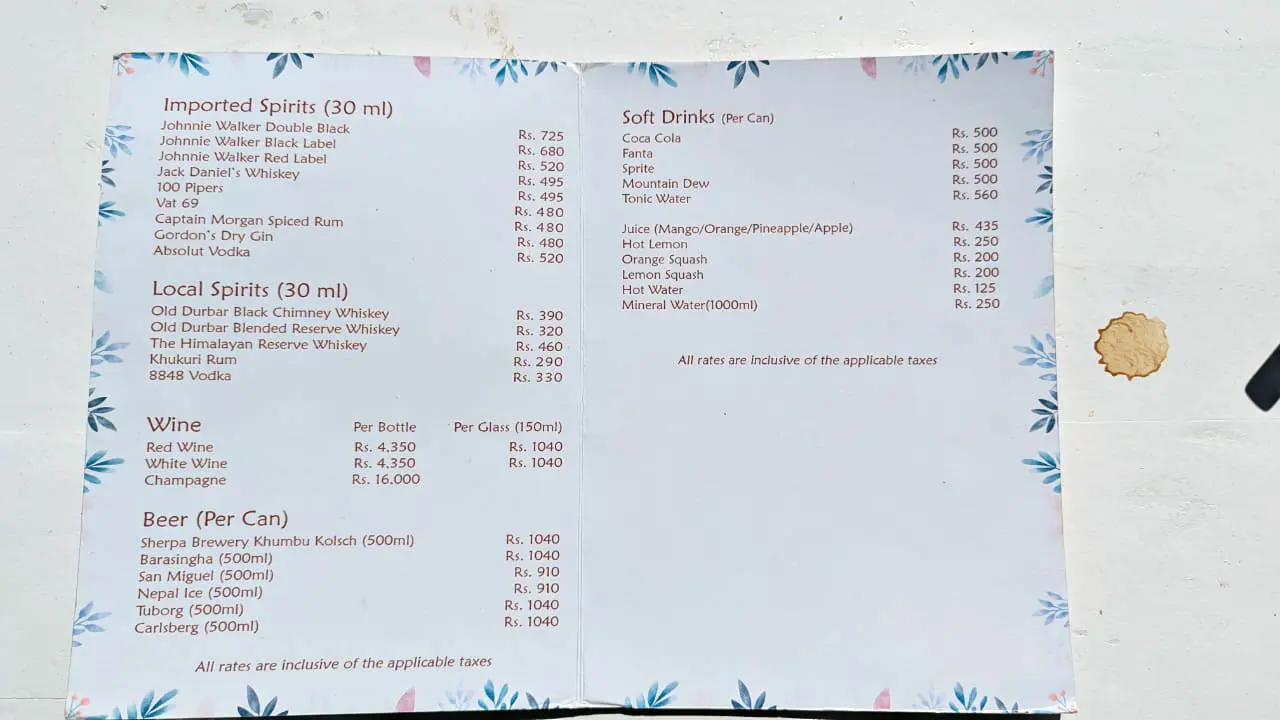 Hotel Everest View Drinks Menu