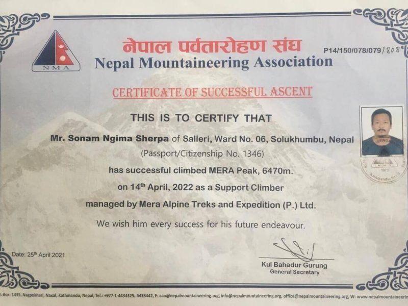 certificates - Sonam sherpa